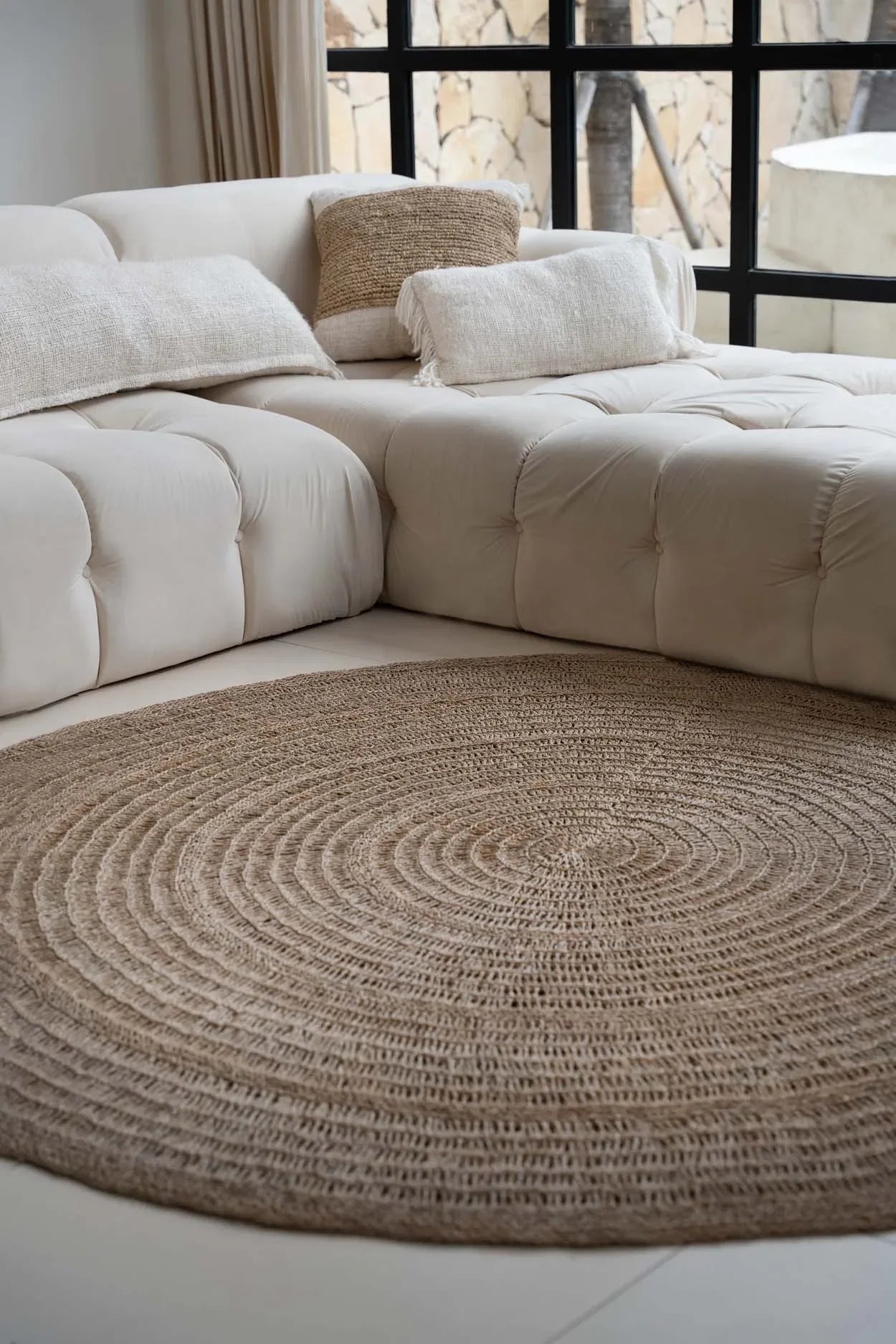 Tapis rond en jonc de mer tressé avec motif cercles naturels, Ø200 cm
