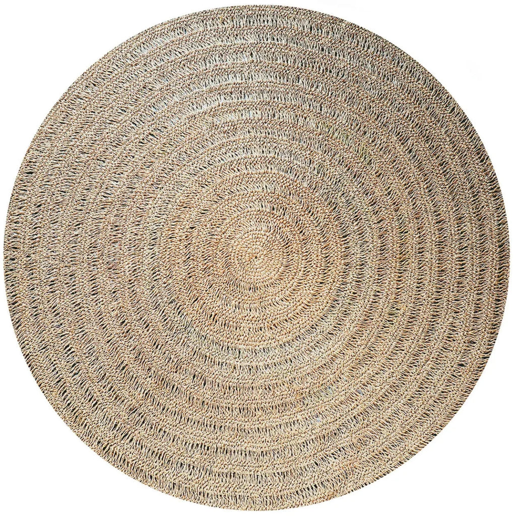 Tapis rond en jonc de mer tressé avec motif cercles naturels, diamètre 200 cm