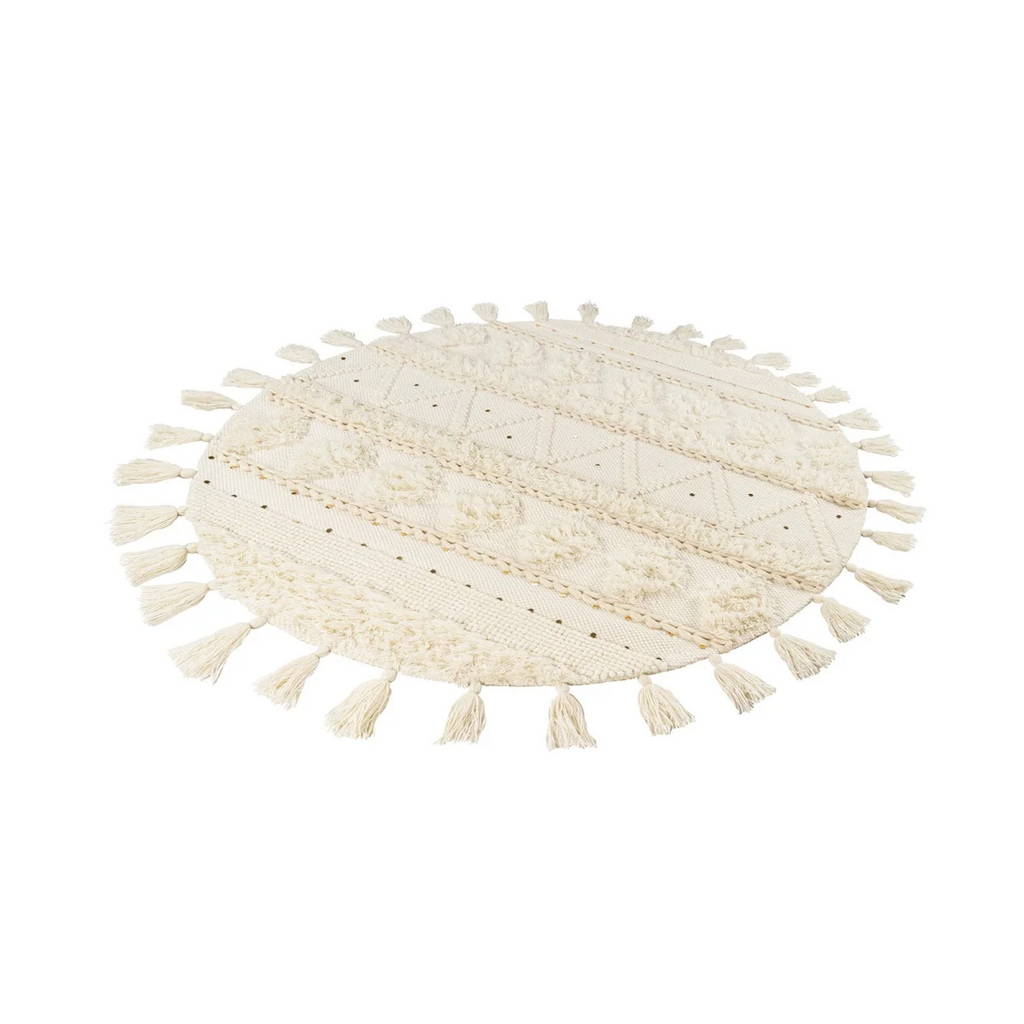 Tapis rond en laine crème avec motifs géométriques, textures variées et tassels