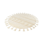 Tapis rond en laine crème avec motifs géométriques, textures variées et tassels