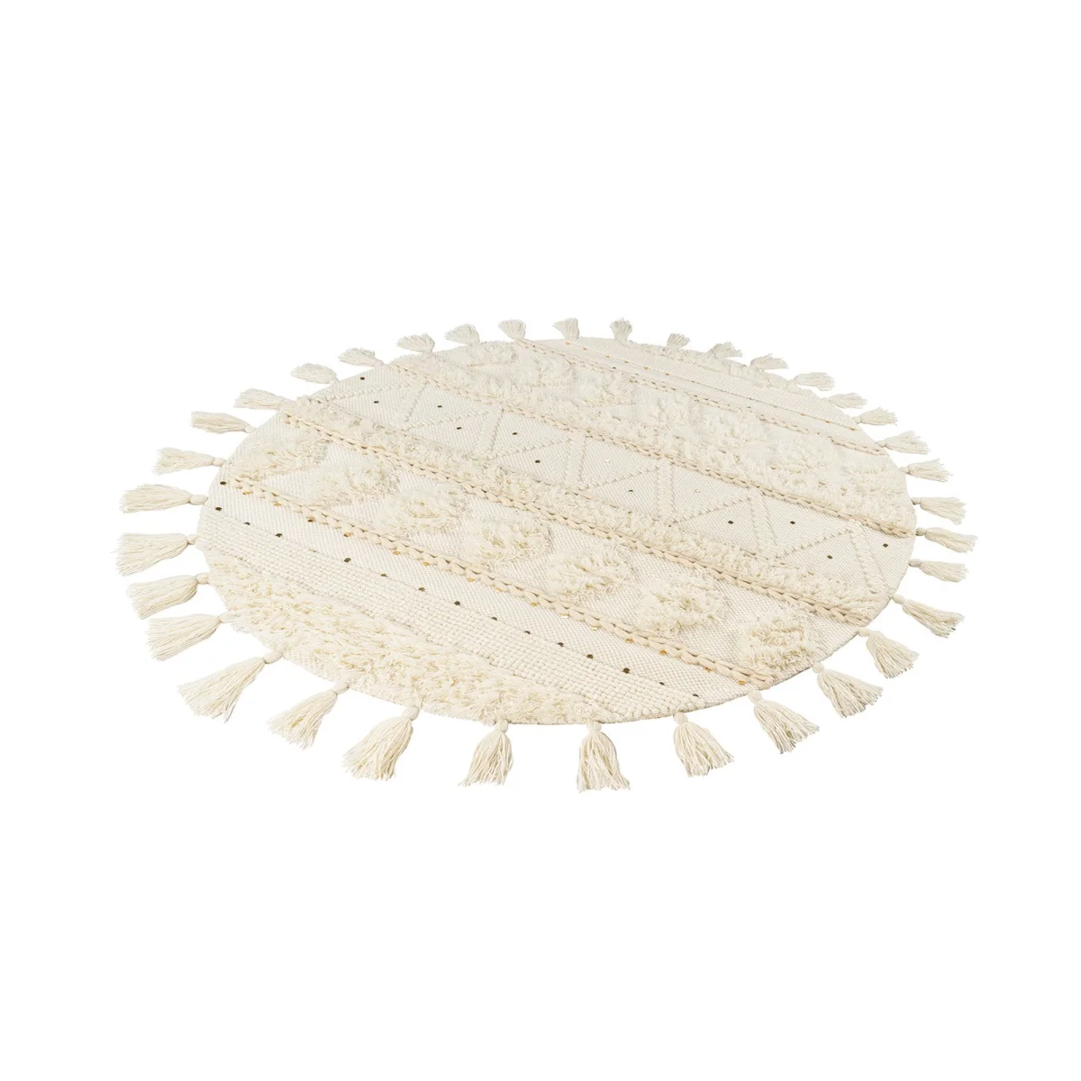 Tapis rond en laine crème avec motifs géométriques, textures variées et tassels