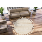Tapis rond en laine crème à motifs géométriques texturés avec tassels, diamètre 160 cm