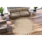 Tapis rond en laine écrue avec franges et relief tressé, diamètre 160 cm