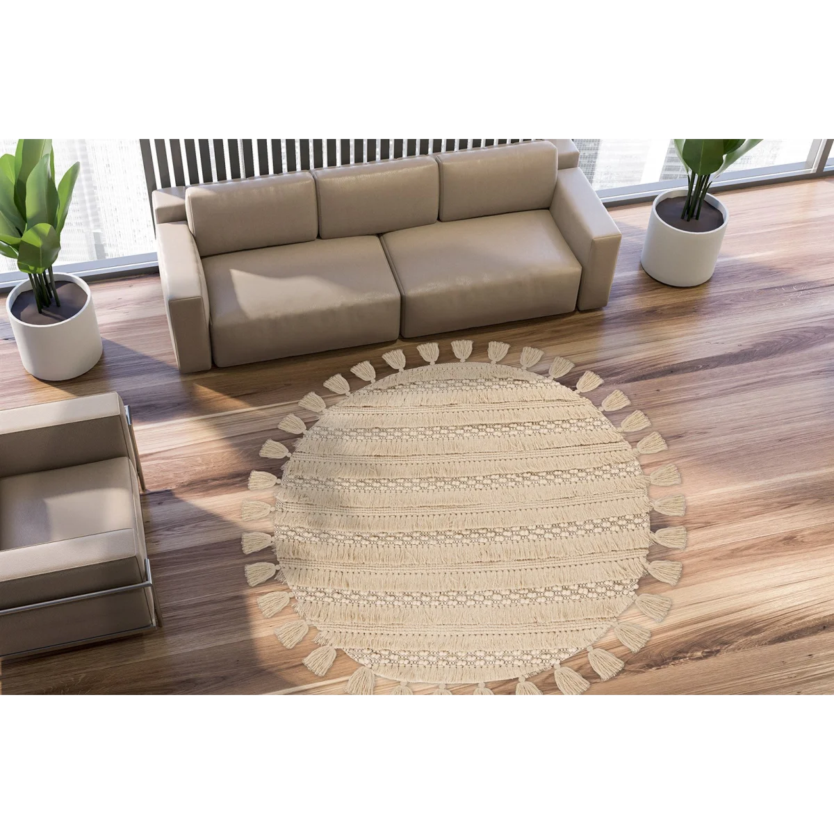 Tapis rond en laine écrue avec franges et relief tressé, diamètre 160 cm