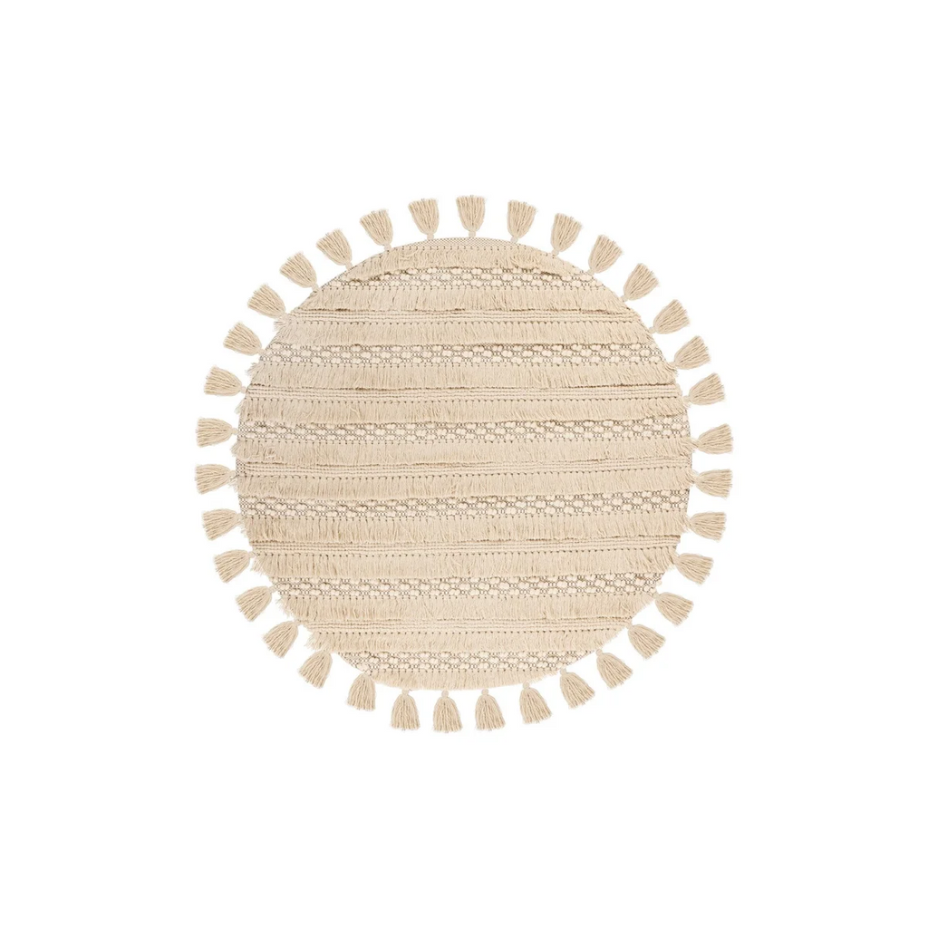Tapis rond en laine écrue avec franges et relief tressé, diamètre 160 cm