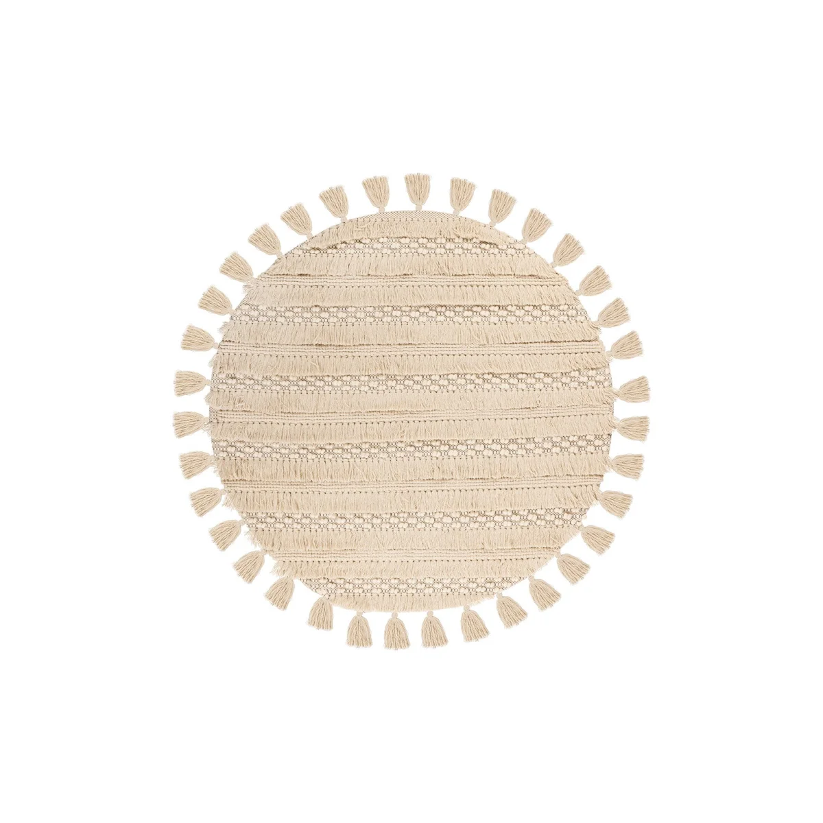 Tapis rond en laine écrue avec franges et relief tressé, diamètre 160 cm