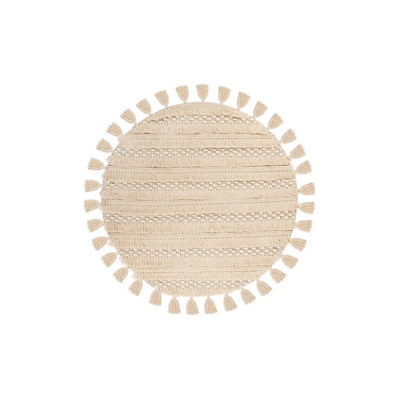 Tapis rond en laine écrue à franges et relief tressé – Ø160 cm