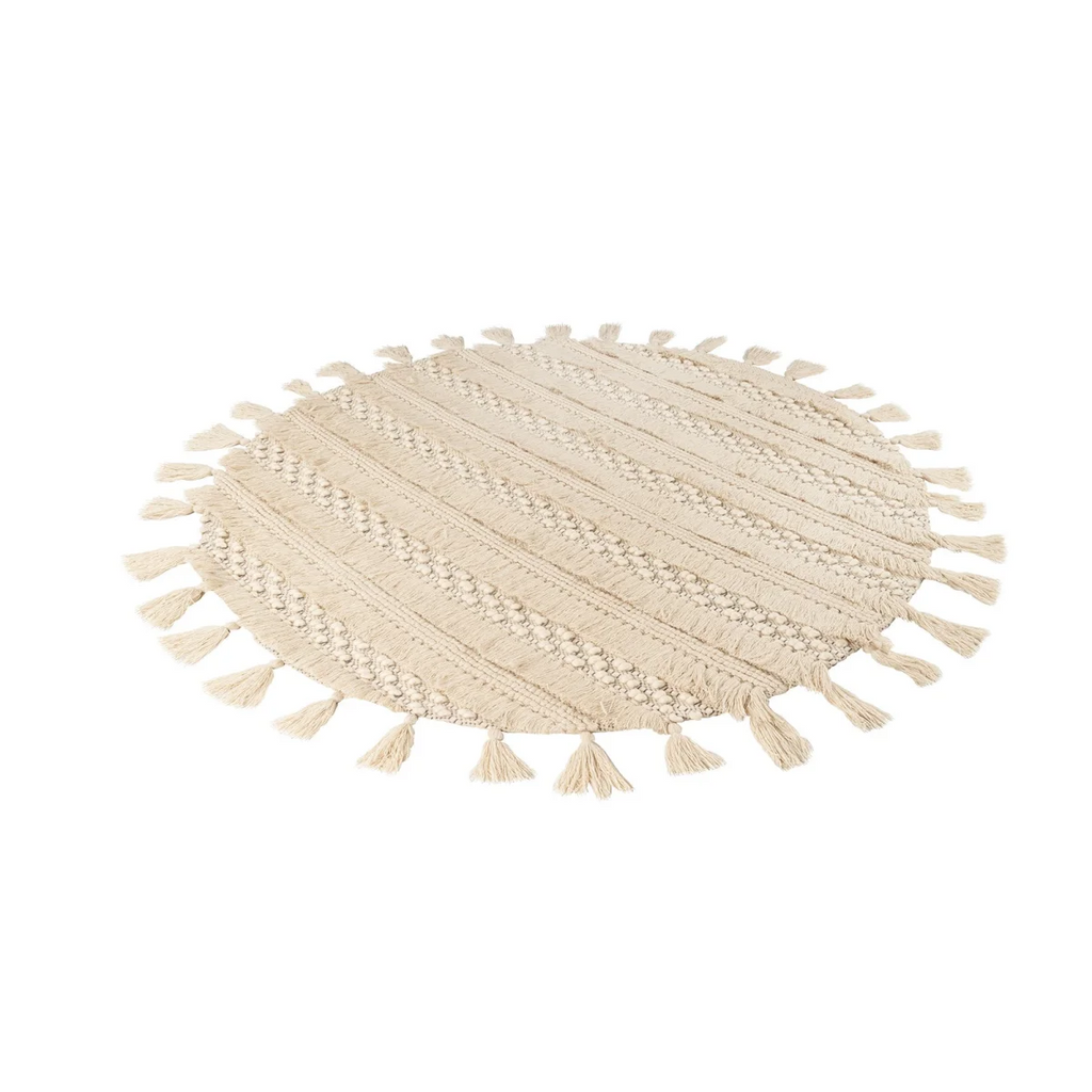 Tapis rond en laine écrue tressé avec franges et relief, diamètre 160 cm