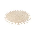 Tapis rond en laine écrue tressé avec franges et relief, diamètre 160 cm