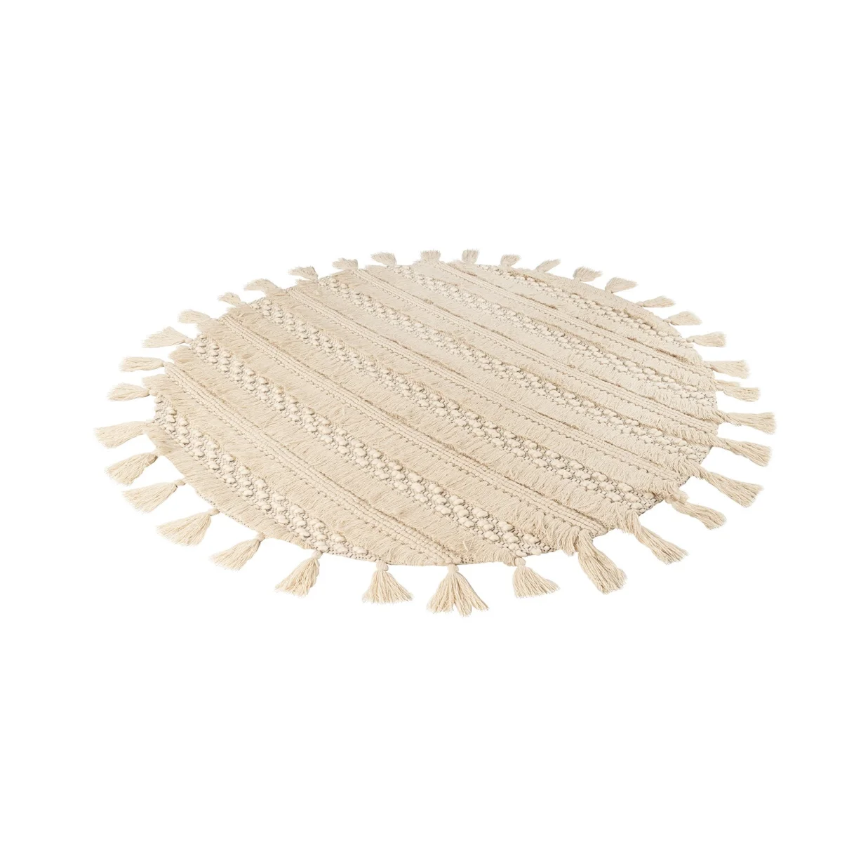 Tapis rond en laine écrue tressé avec franges et relief, diamètre 160 cm