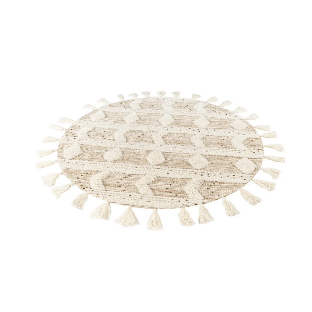 Tapis rond en laine écrue avec motifs losange et pompons, diamètre 160 cm