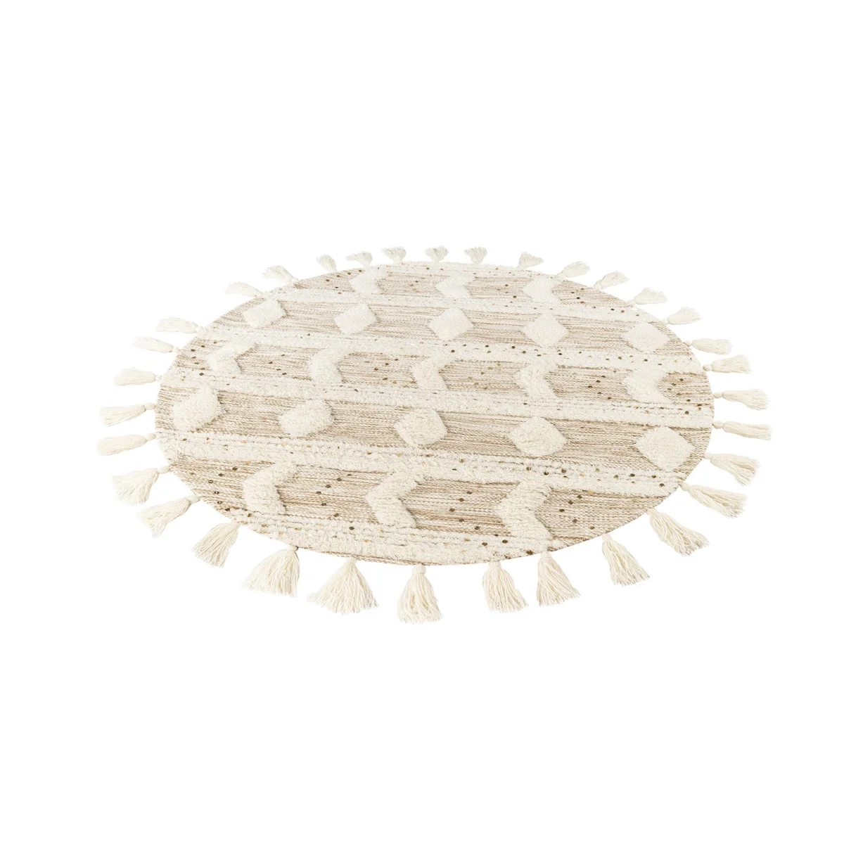 Tapis rond en laine écrue avec motifs losange et pompons, diamètre 160 cm