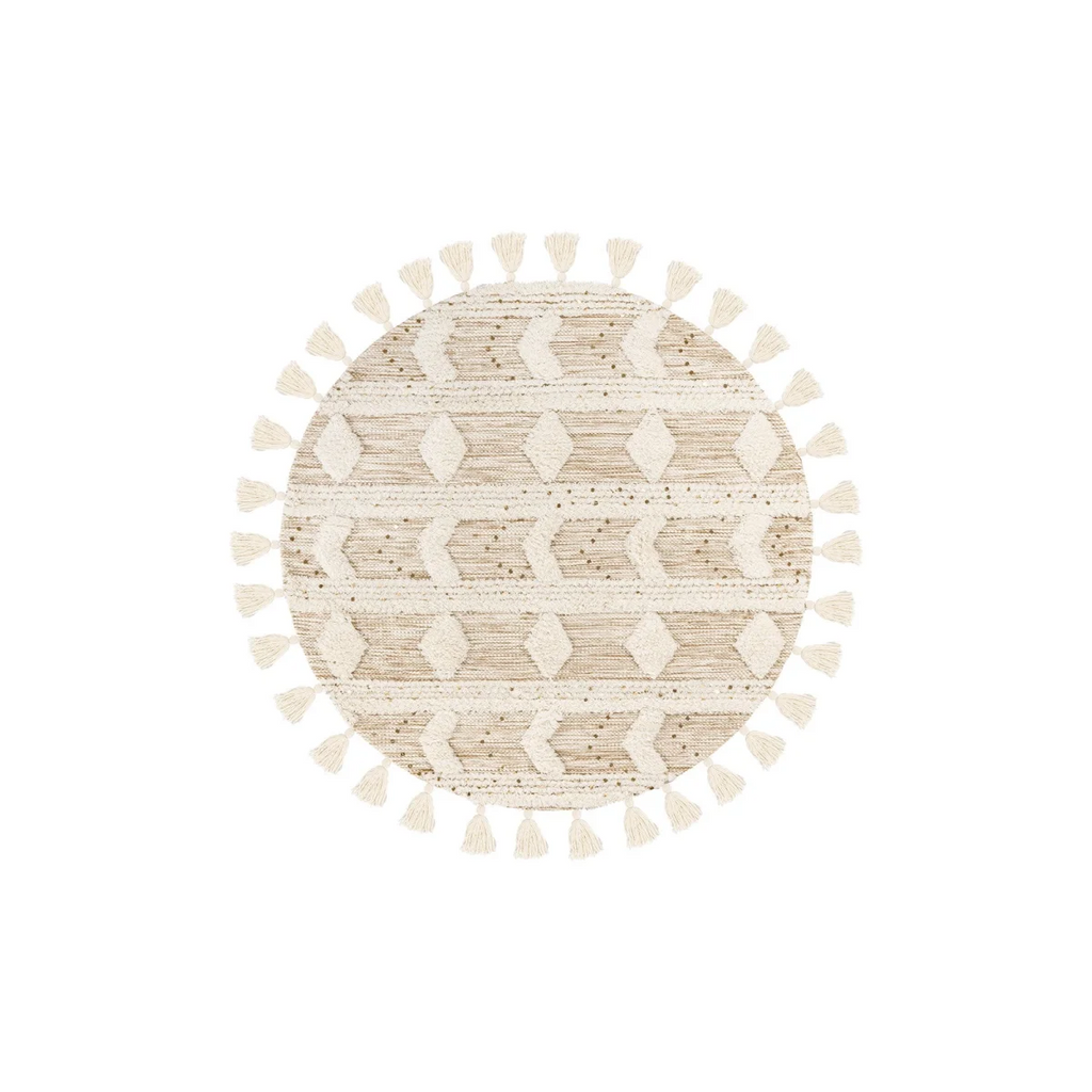 Tapis rond en laine écrue beige avec motif losange et pompons, diamètre 160 cm
