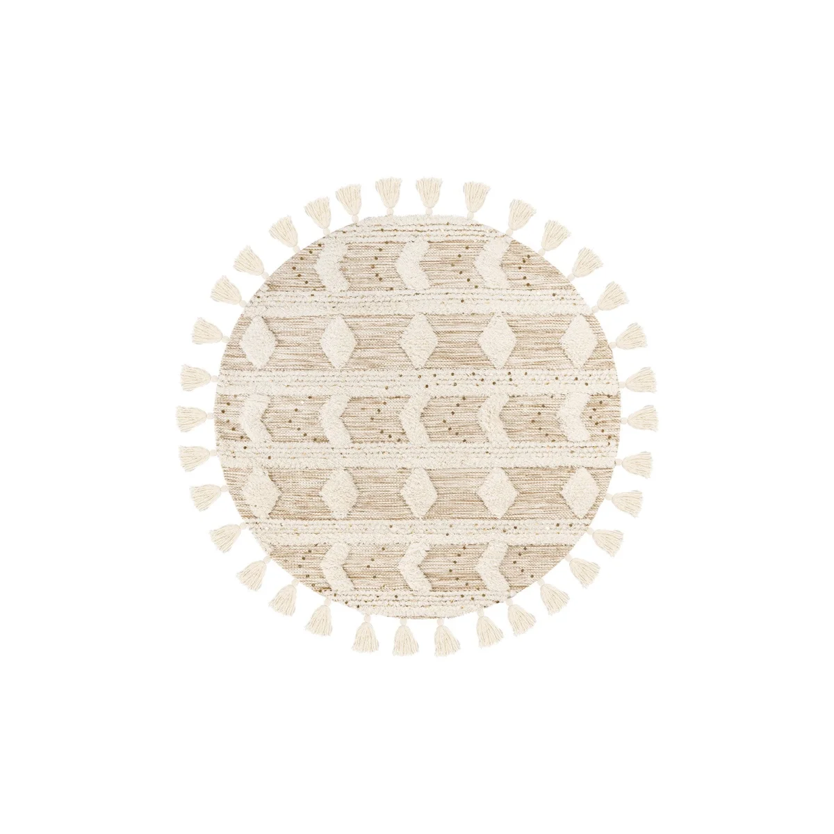Tapis rond en laine écrue beige avec motif losange et pompons, diamètre 160 cm