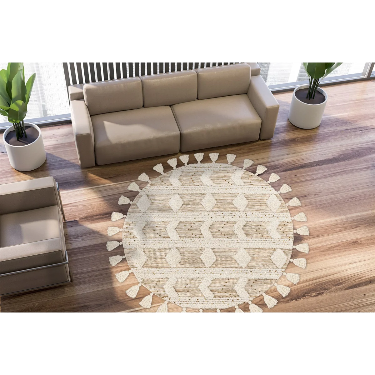 Tapis rond en laine écrue avec motifs losange et pompons, style bohème Ø160 cm