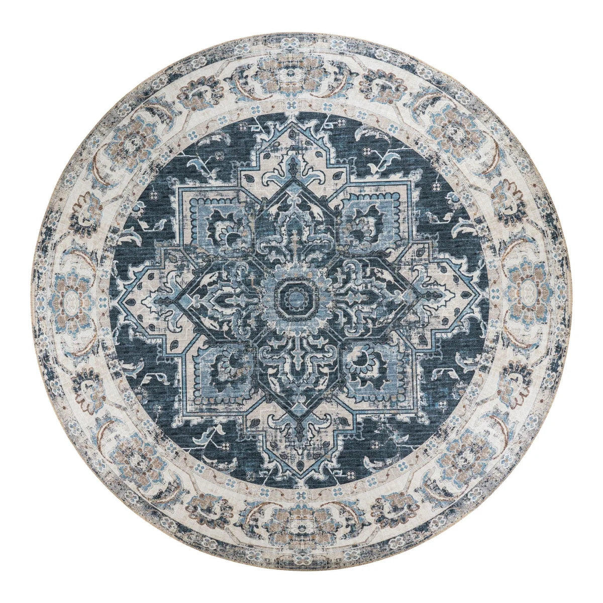 Tapis rond persan bleu Ø200 cm avec motifs floraux et géométriques symétriques en navy, gris et crème