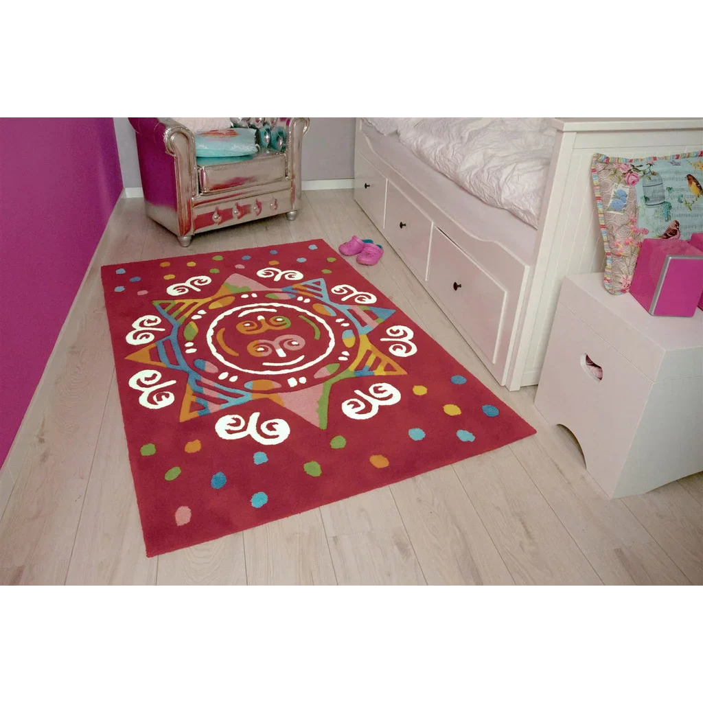 Tapis rectangulaire rouge vif avec motif coloré en forme de soleil pour Spirit Glowy AE 3145 Rot Mandala 110cm x 160cm