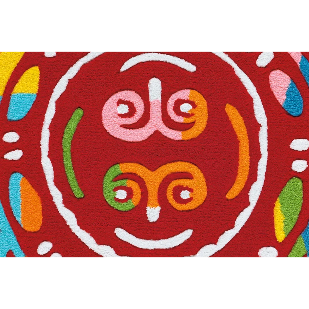 Visage abstrait coloré sur tapis rouge texturé pour le produit Spirit Glowy AE 3145 Rot Mandala