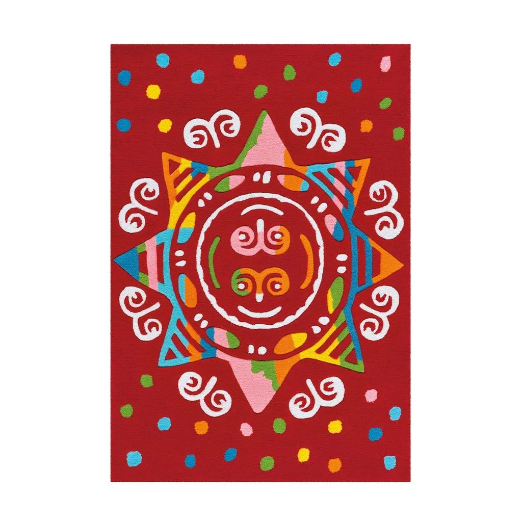 Sole stylisé coloré avec visage et points sur fond rouge pour Spirit Glowy AE 3145 Rot Mandala