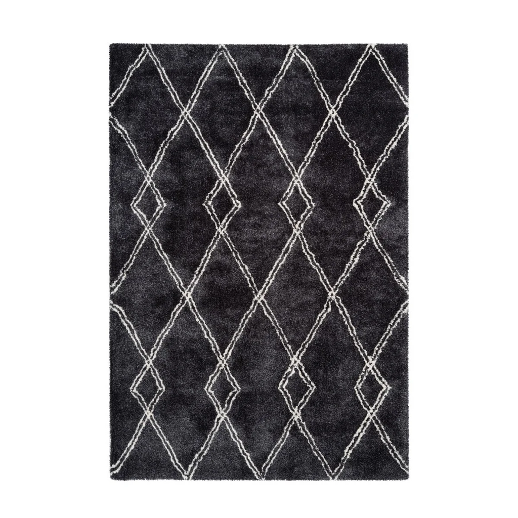 Tapis shaggy anthracite et écru avec motif losanges en polyester