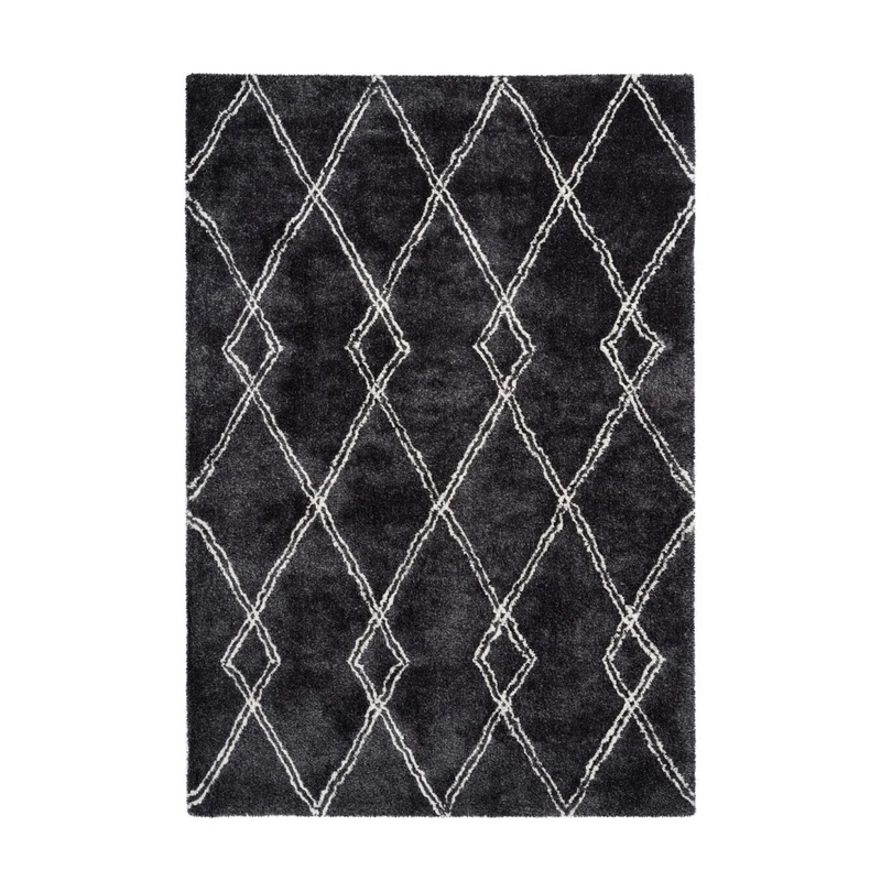 Tapis shaggy à losanges anthracite et écru en polyester