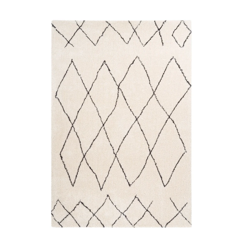 Tapis shaggy écru à motifs losanges noirs en polyester