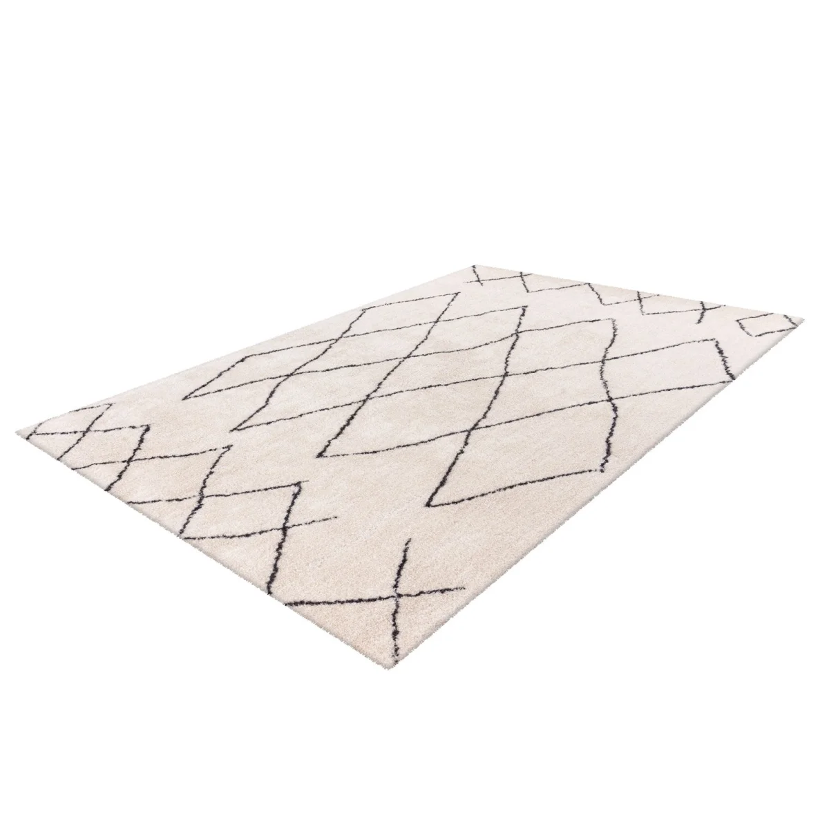 Tapis shaggy écru avec motifs losanges noirs en polyester for intérieur moderne