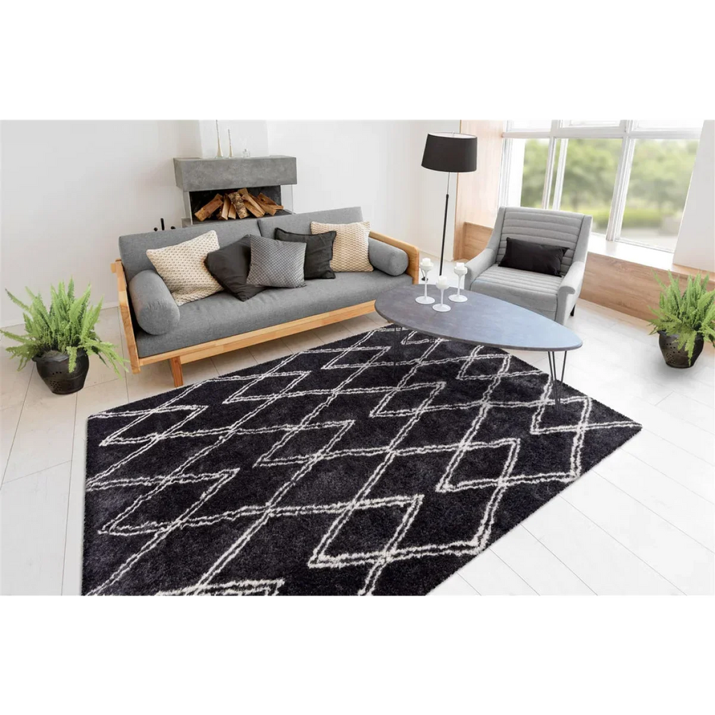 Tapis shaggy rectangulaire anthracite avec motifs losange écru 160x230 cm