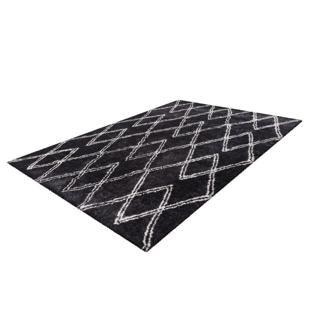 Tapis shaggy rectangulaire anthracite avec motif losange écru 160x230 cm