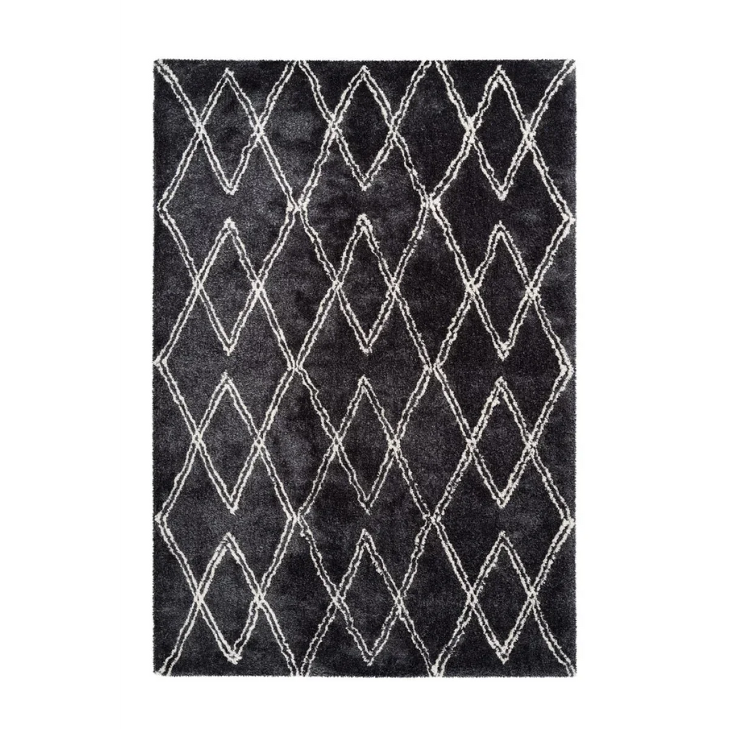 Tapis shaggy rectangulaire anthracite avec motif losange écru 160x230 cm