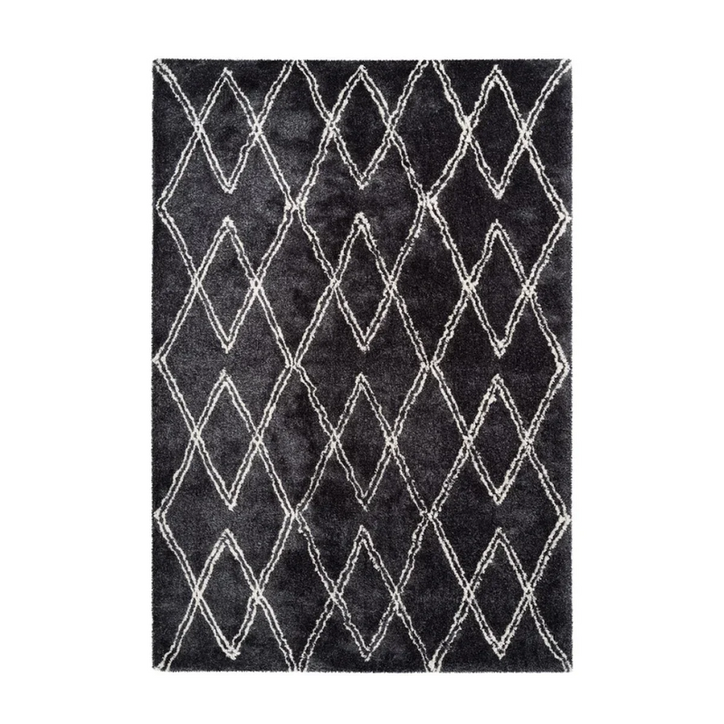 Tapis shaggy rectangulaire anthracite à motif losange écru