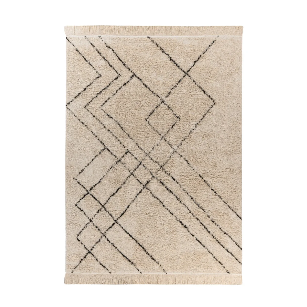 Tapis tufté écru avec motifs noirs géométriques et franges, en coton