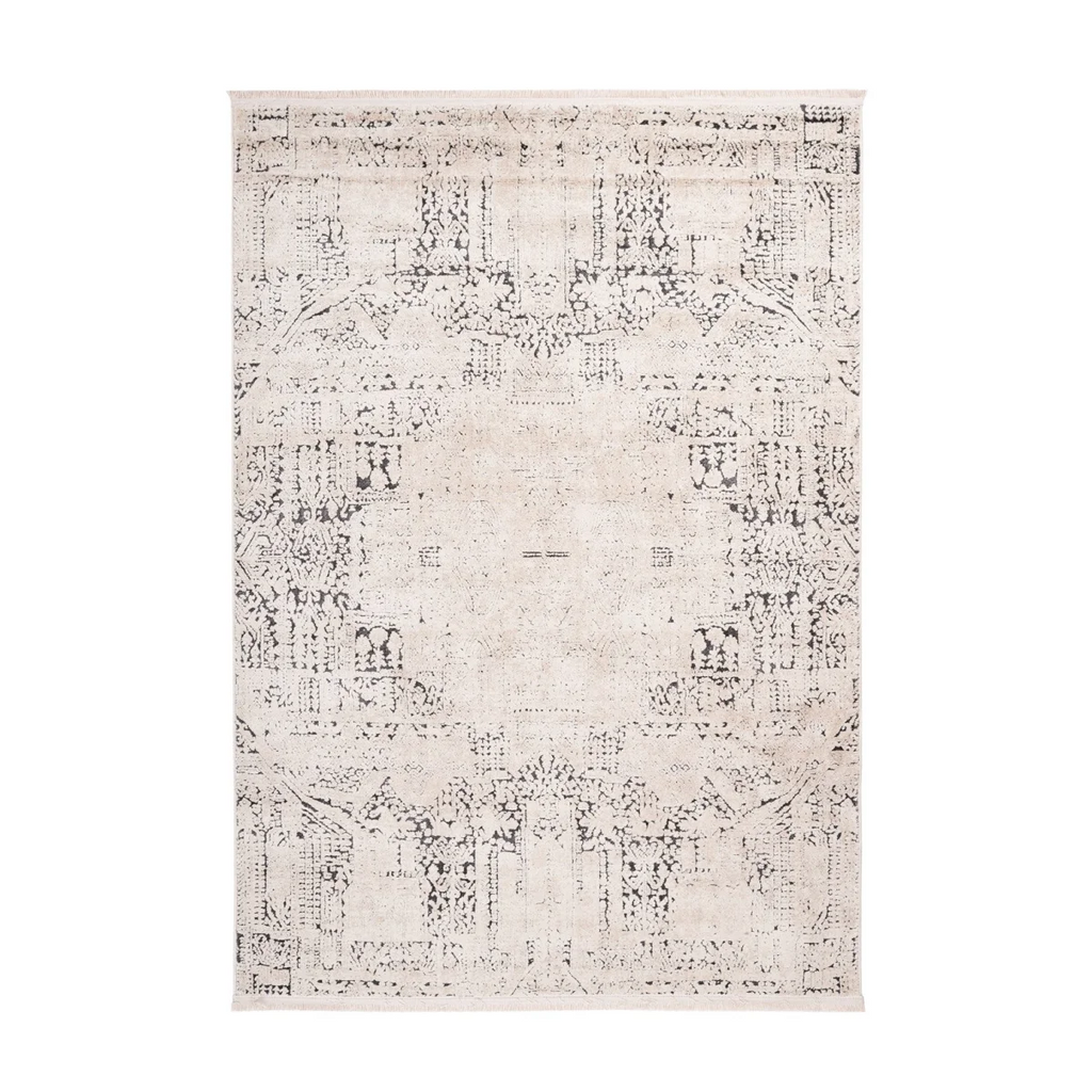 Tapis tufté vintage écru et anthracite avec motif géométrique abstrait et usé