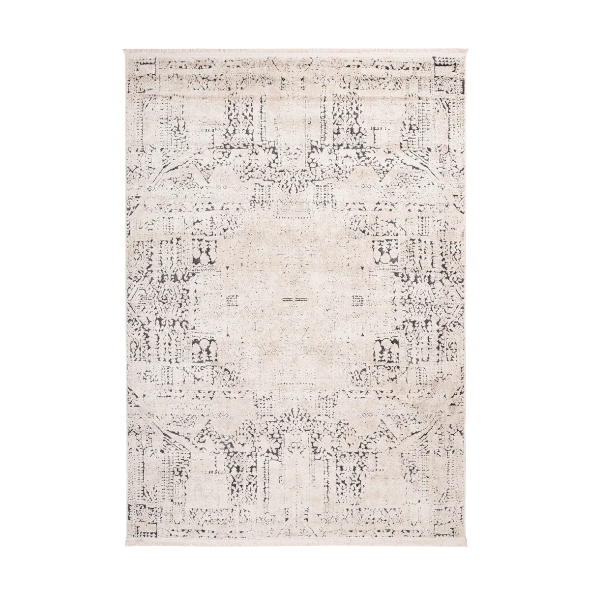 Tapis tufté vintage écru et anthracite avec motif géométrique abstrait et usé