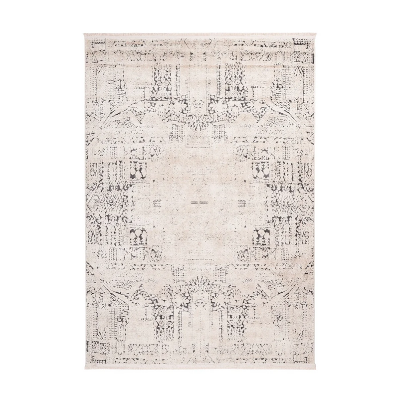 Tapis tufté vintage écru et anthracite à motifs géométriques