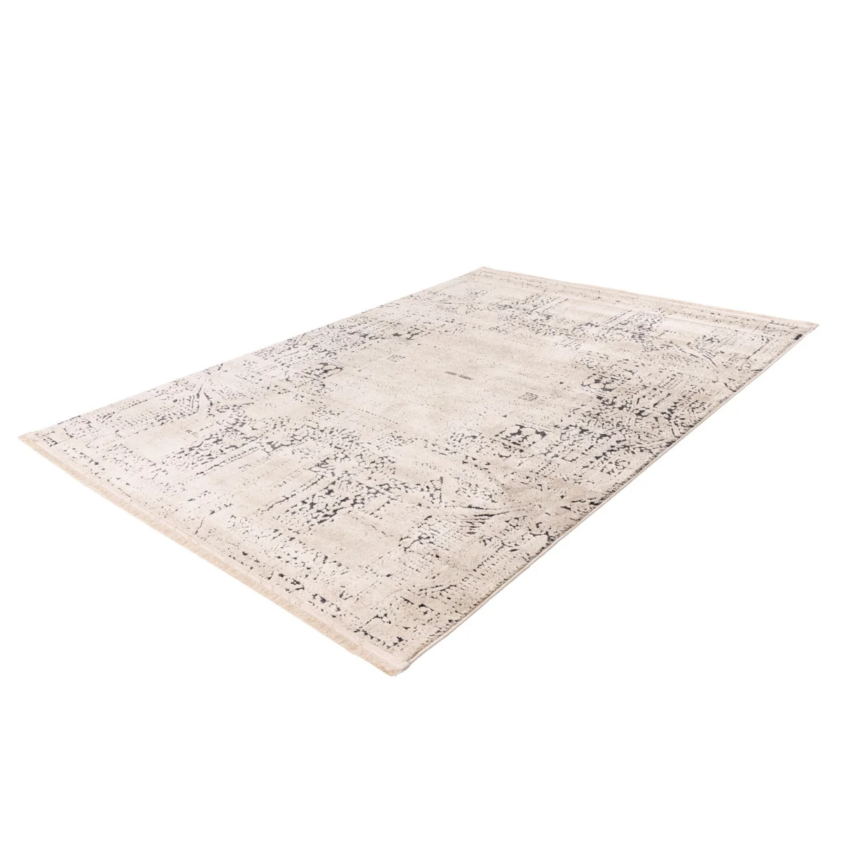 Tapis tufté vintage écru et anthracite avec motif géométrique abstrait et usé