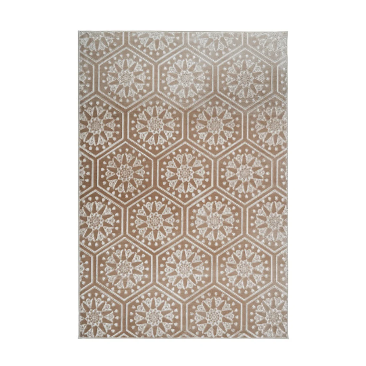 Tapis velours rectangulaire beige avec motif rosace en relief et motif hexagonal brun et beige