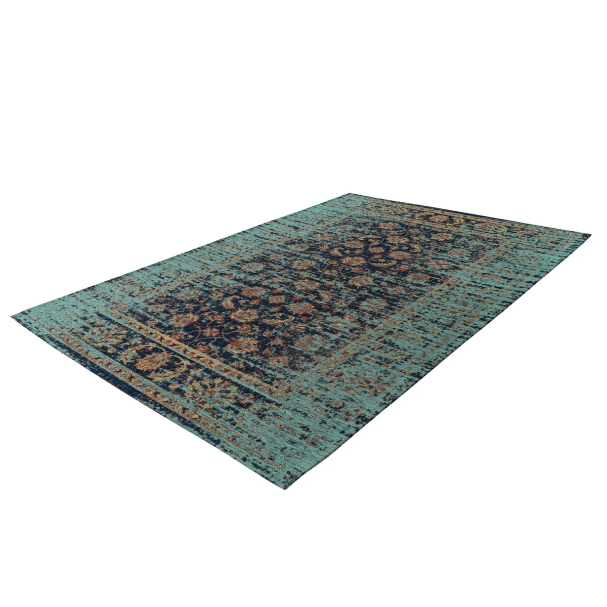 Tapis vintage à motifs persans bleu canard et rouille avec design floral distressed