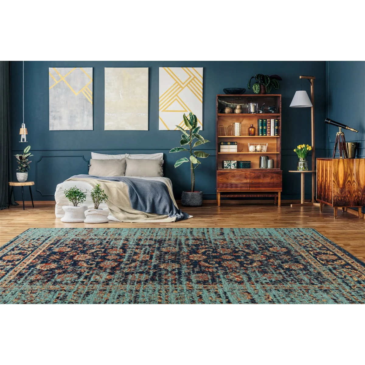 Tapis vintage en teckel et marine avec motif floral orné 80x150 cm