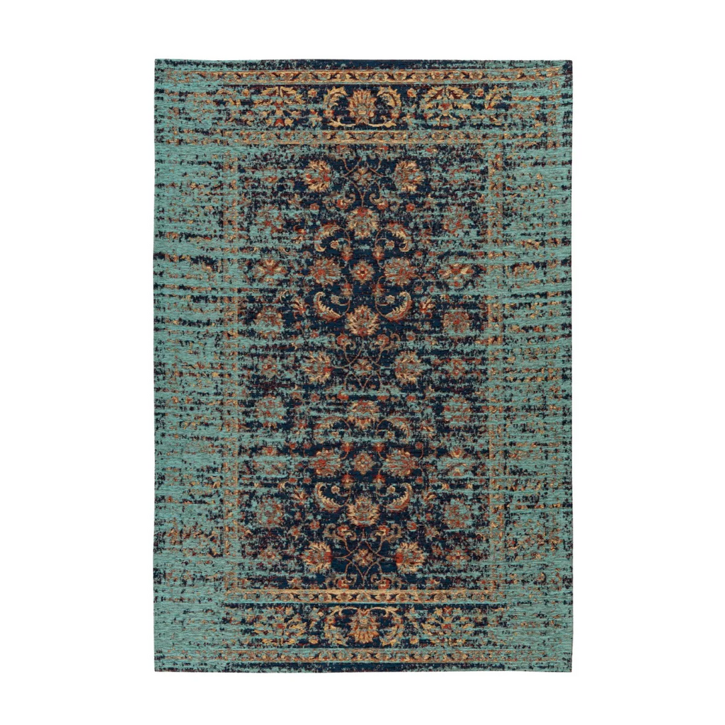 Tapis vintage persan bleu canard et rouille avec motif floral orné 80x150 cm
