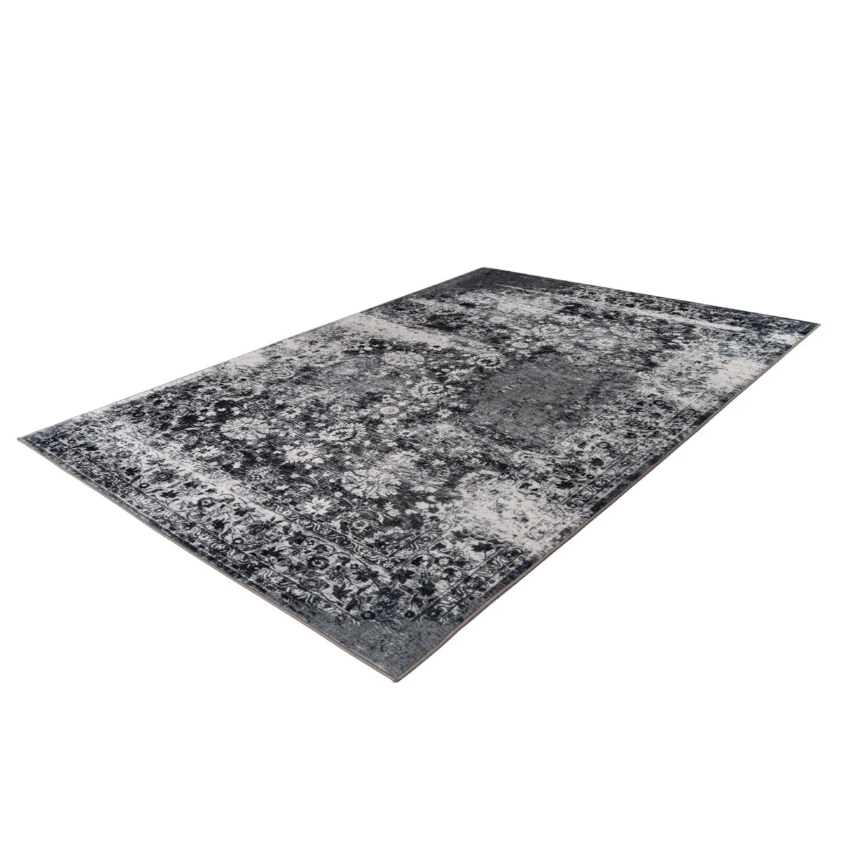 Tapis vintage floral à poils courts gris et noir avec motif distressed 160x230 cm