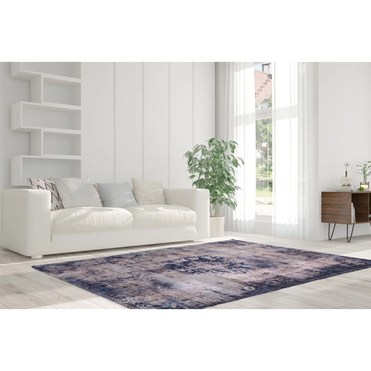 Tapis vintage rectangulaire à médaillon bleu et fond patiné avec motif abstrait