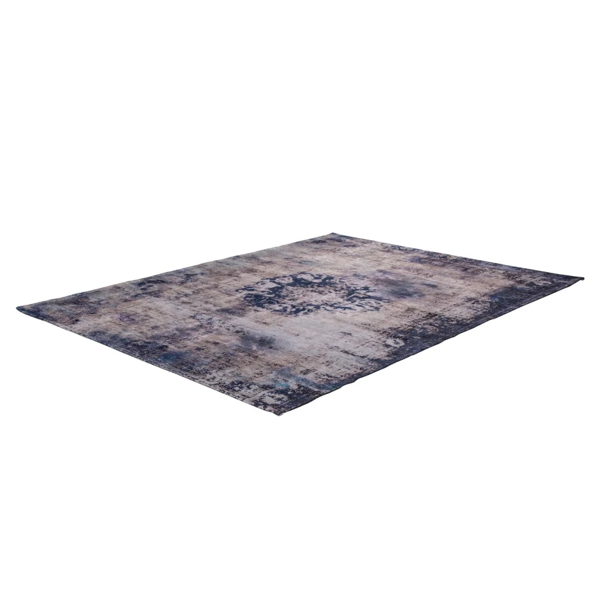 Tapis vintage rectangulaire à médaillon bleu et fond patiné avec motif abstrait distressed