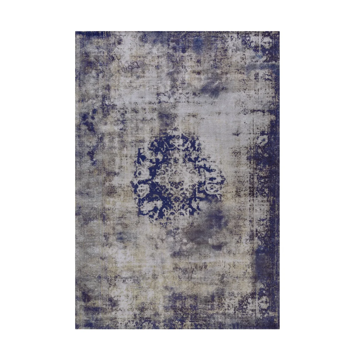 Tapis vintage rectangulaire à médaillon bleu et fond patiné, tapis oriental usé