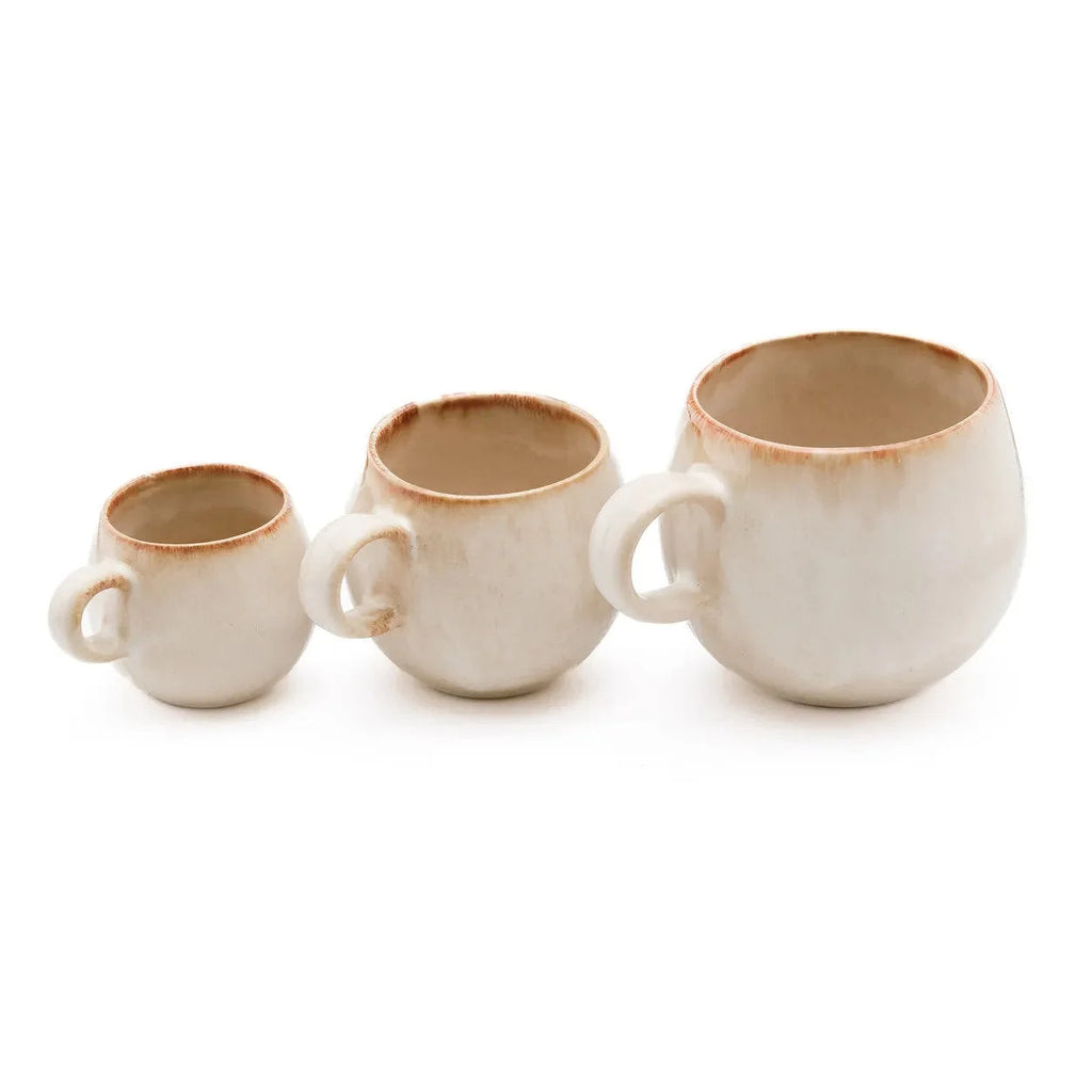 Lot de 3 tasses artisanales en céramique blanc cassé mat avec rebord brun rustique
