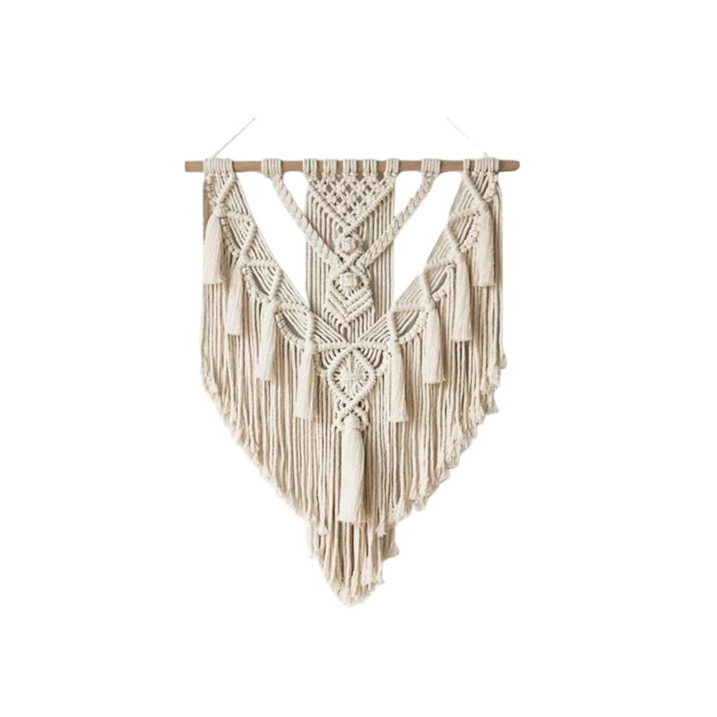 Tenture Murale Macramé Boho Faite Main – Motif Feuillage, 44x16 Cm, Coton Et Bois, Décoration Chic Salon Ou Chambre
