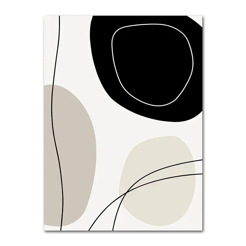 Impression d’art abstrait minimaliste noir et beige sur fond blanc rectangulaire