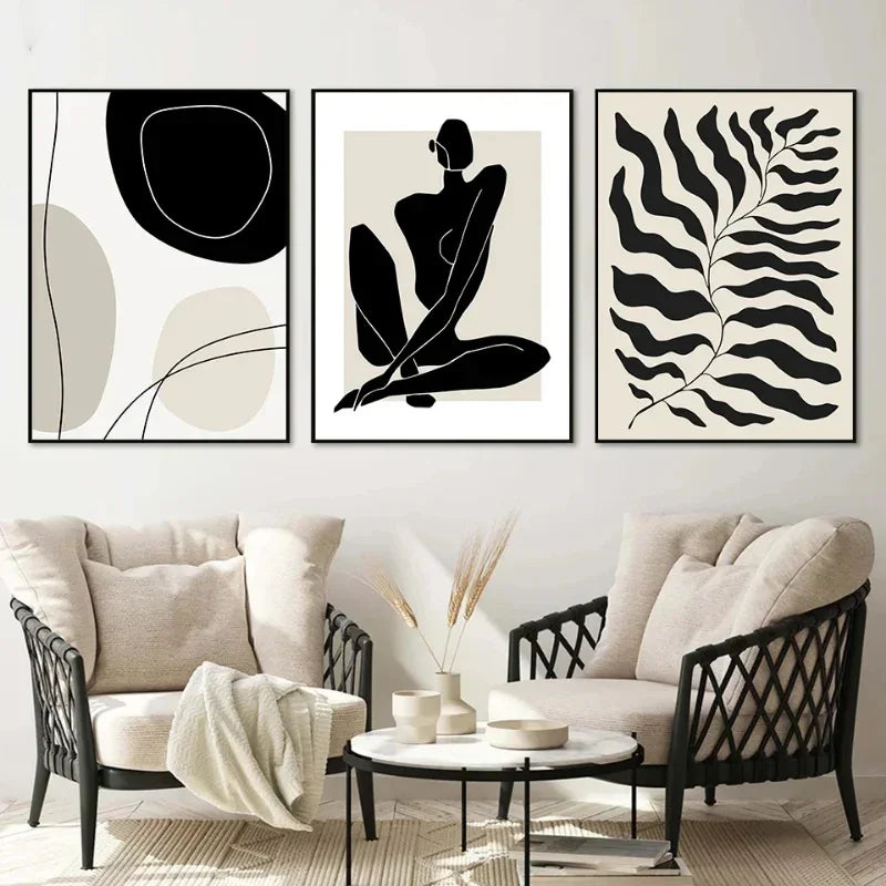 Trois impressions d’art abstrait encadrées dans le décoratif abstrait noir et beige