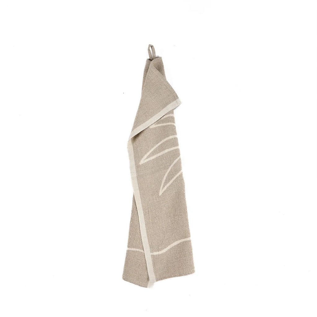Torchon en lin naturel beige à motifs géométriques blanc cassé