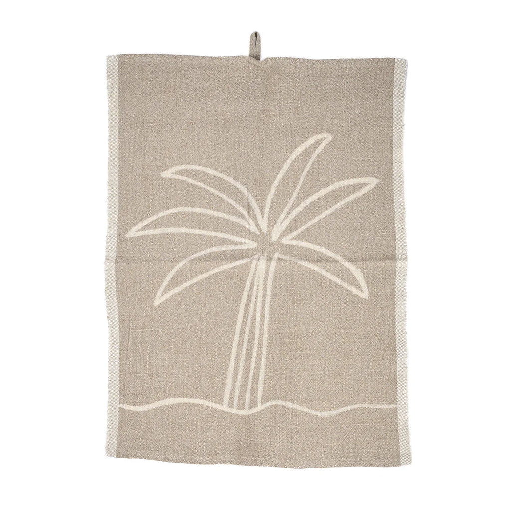 Torchon en lin naturel beige motif palmier blanc cassé